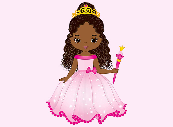 Illustration of Princess Nellie, who is wearing a tiara, pink princess dress, and holding a scepter. 