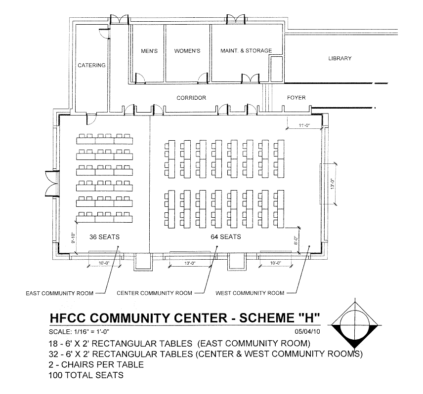 Blueprint for Welcome Center Conference rooms with 18 rectangular tables and 36 chairs in East, and 32 rectangular tables and 64 chairs in Center and West