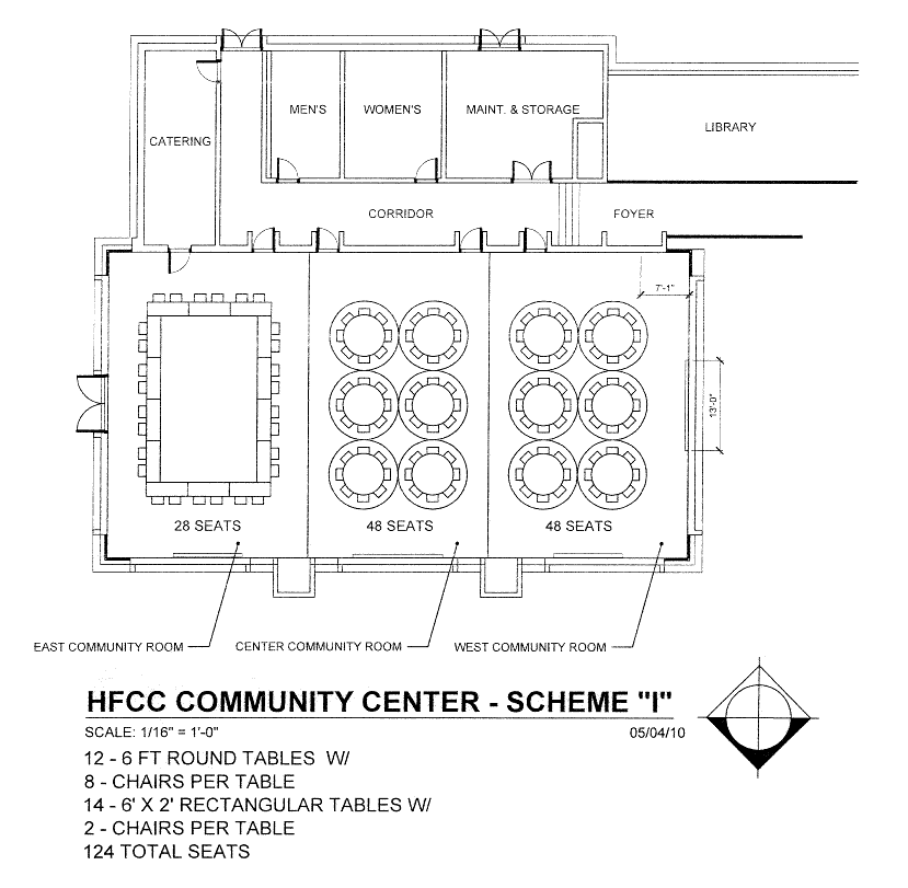 Blueprint for Welcome Center Conference rooms with 14 tables in a rectangle with 28 chairs in East, 6 round tables  and 48 chairs in Center and 6 round tables and 48 chairs in West