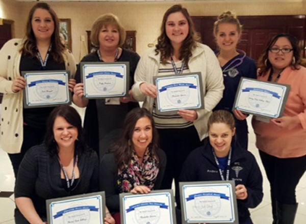 The Henry Ford College Student Nursing Association won numerous awards Jan. 29-30 at the 2016 Michigan Nursing Student Association Annual Convention. Pictured here are members of the HFC SNA showing off their awards. Front row (left to right):  Aubrey Cl