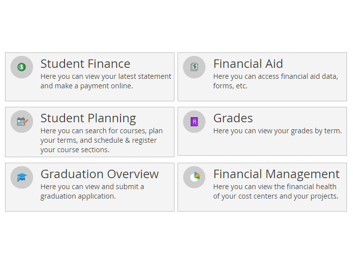 Screenshot of Student Planning showing various menu items for financial aid, scheduling, grades, and graduation