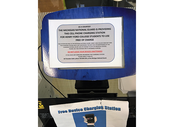 The Michigan National Guard has provided a charging station for electronic devices for HFC students, free of charge. 
