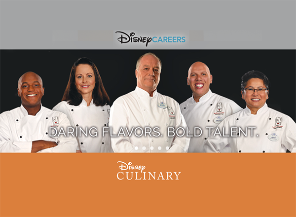 Disney culinary logo, photo of 5 chefs in chef garb
