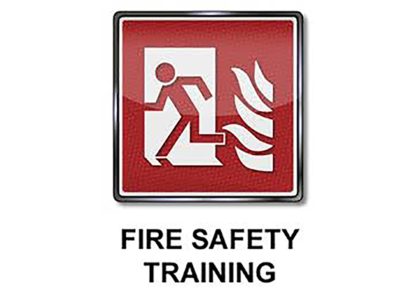 Fire Safety Training image (line drawing of figure running from flames)