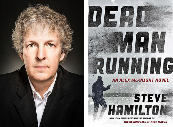 Headshot of Steve Hamilton next to cover of book, Dead Man Running