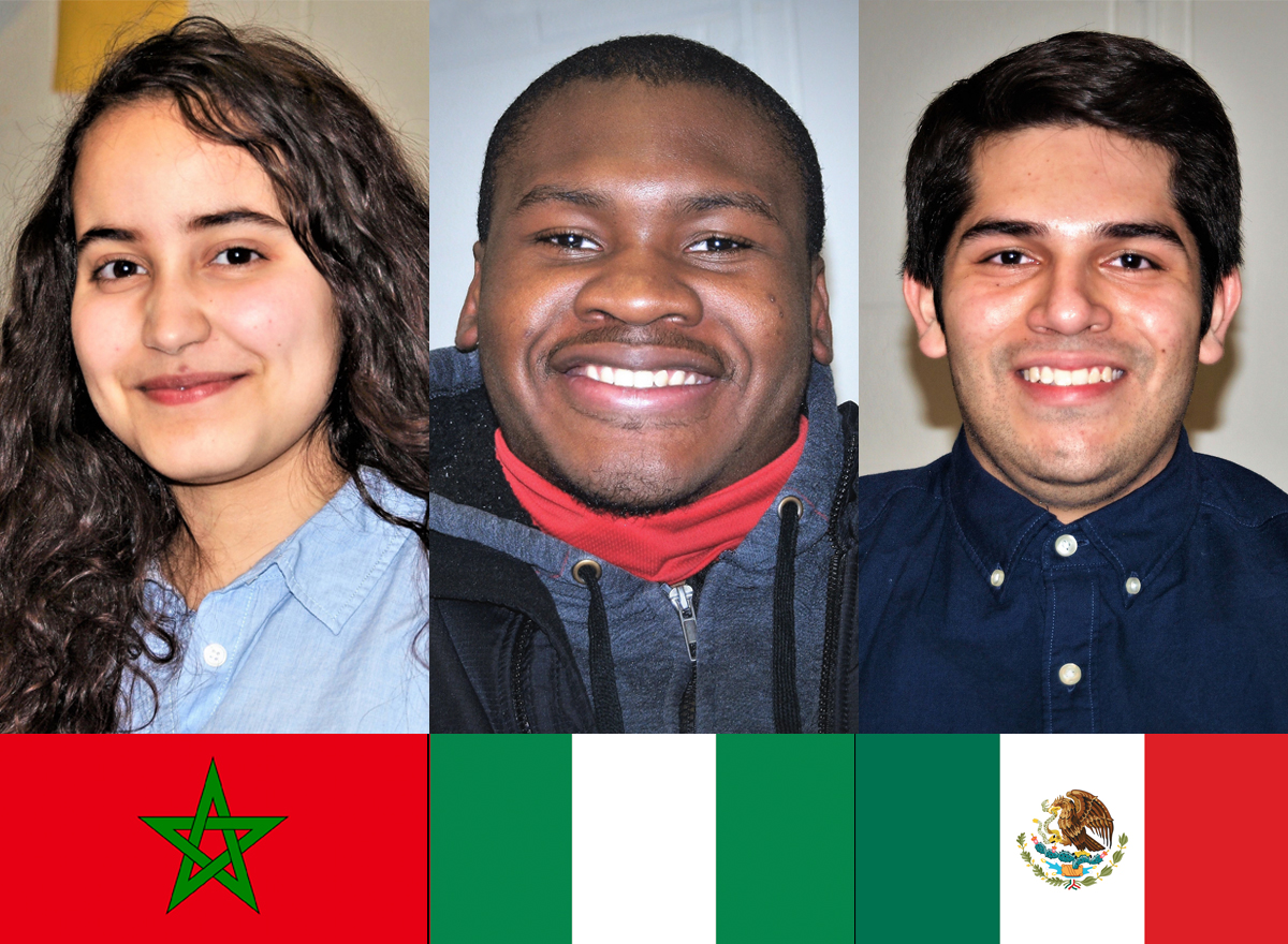 International scholarship students Aya Semlali, Edwin Uchendu, and Carlos Garcia Santacruz