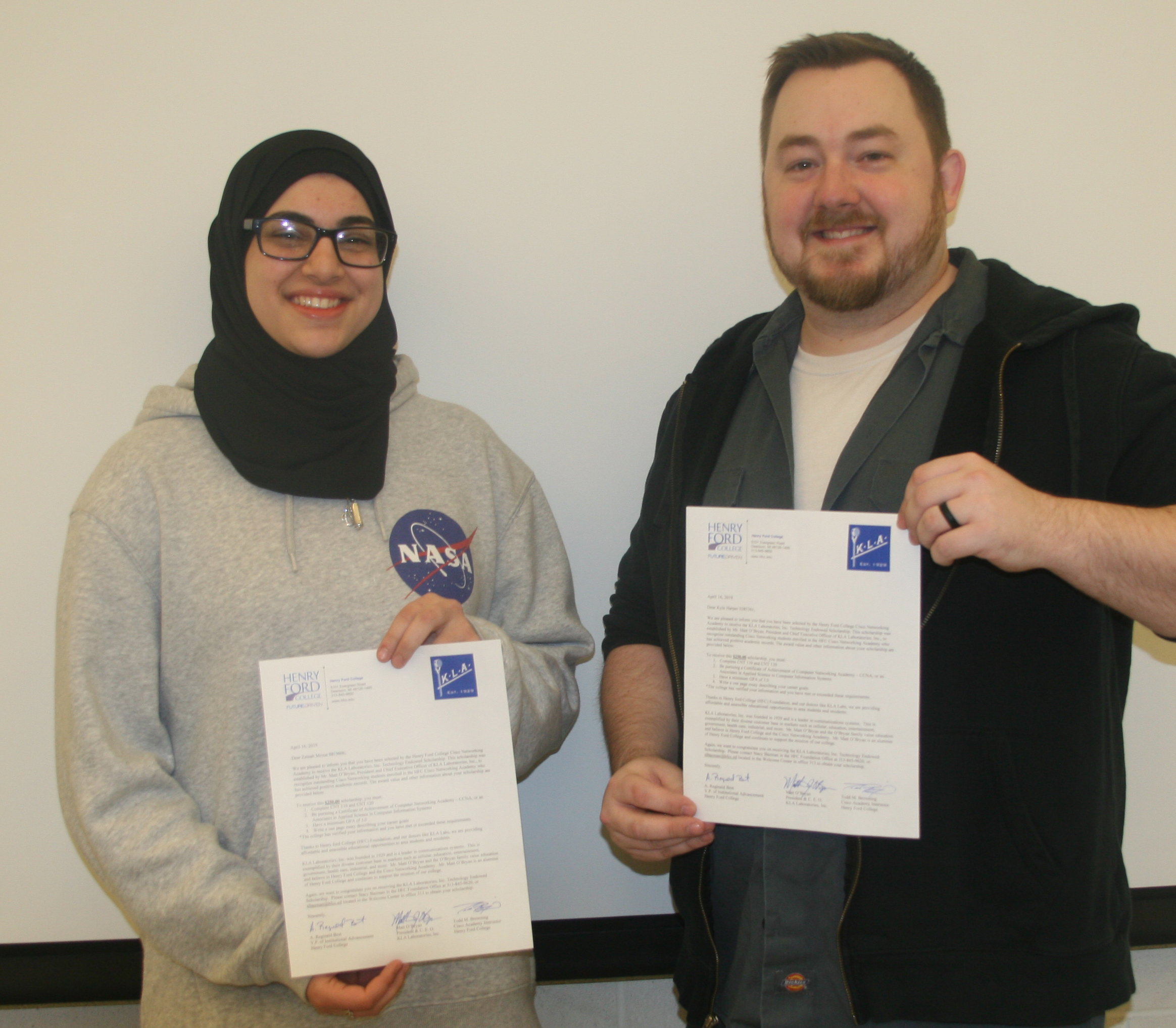 HFC students Zainab Mroue (left) and Kyle Harper (right) won scholarships from the KLA Endowment Scholarship Fund. 