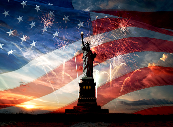 U.S. flag background, fireworks, Statue of Liberty