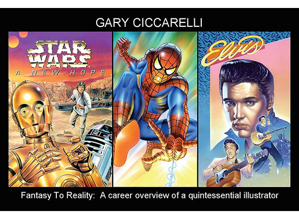 Card featuring art by Gary Ciccarelli (drawings of Spider Man, C-3PO, and Elvis)