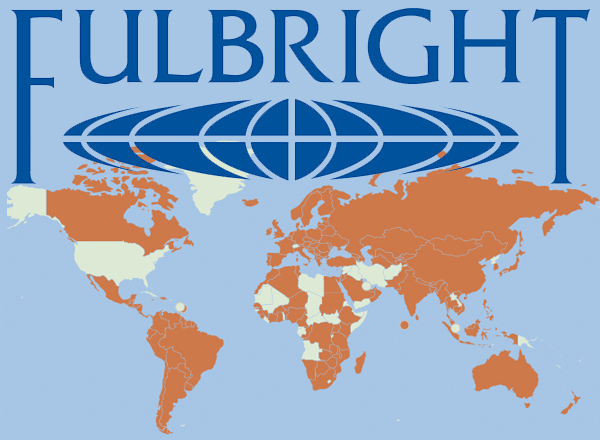Fulbright logo overlaid on world map