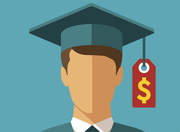 drawing of graduate wearing a hat with $ sign