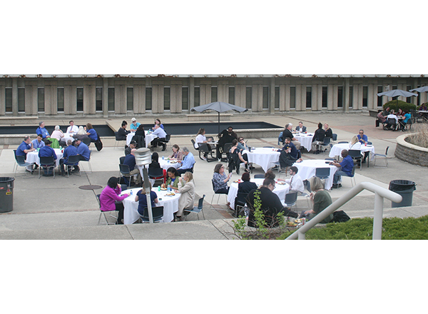 HFC employees sharing a meal and enjoying each other's company on a sunny day. 