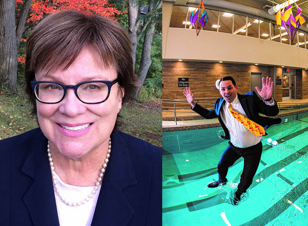 Margaret Kelly, left, was the creative mind behind CRC president/CEO Steve Fetyko's fully-clothed dive into a pool (right).