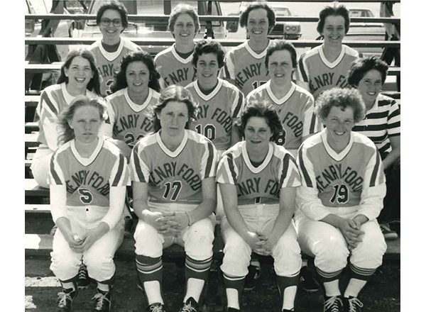 The HFC softball team circa 1977. Front row, left is Karen Schoen (with a broken thumb). In the second row on the far right is Coach Nancy Bryden. In the third row, second from right, is Mary Jo Perkovich. 
