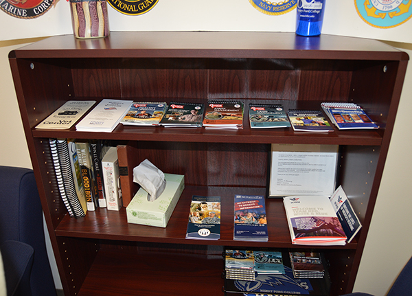 A resources bookcase in the Veterans Center.