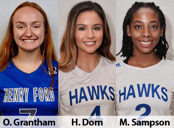 Hawks volleyball players Olivia Grantham, Halee Dorn, Monique Sampson