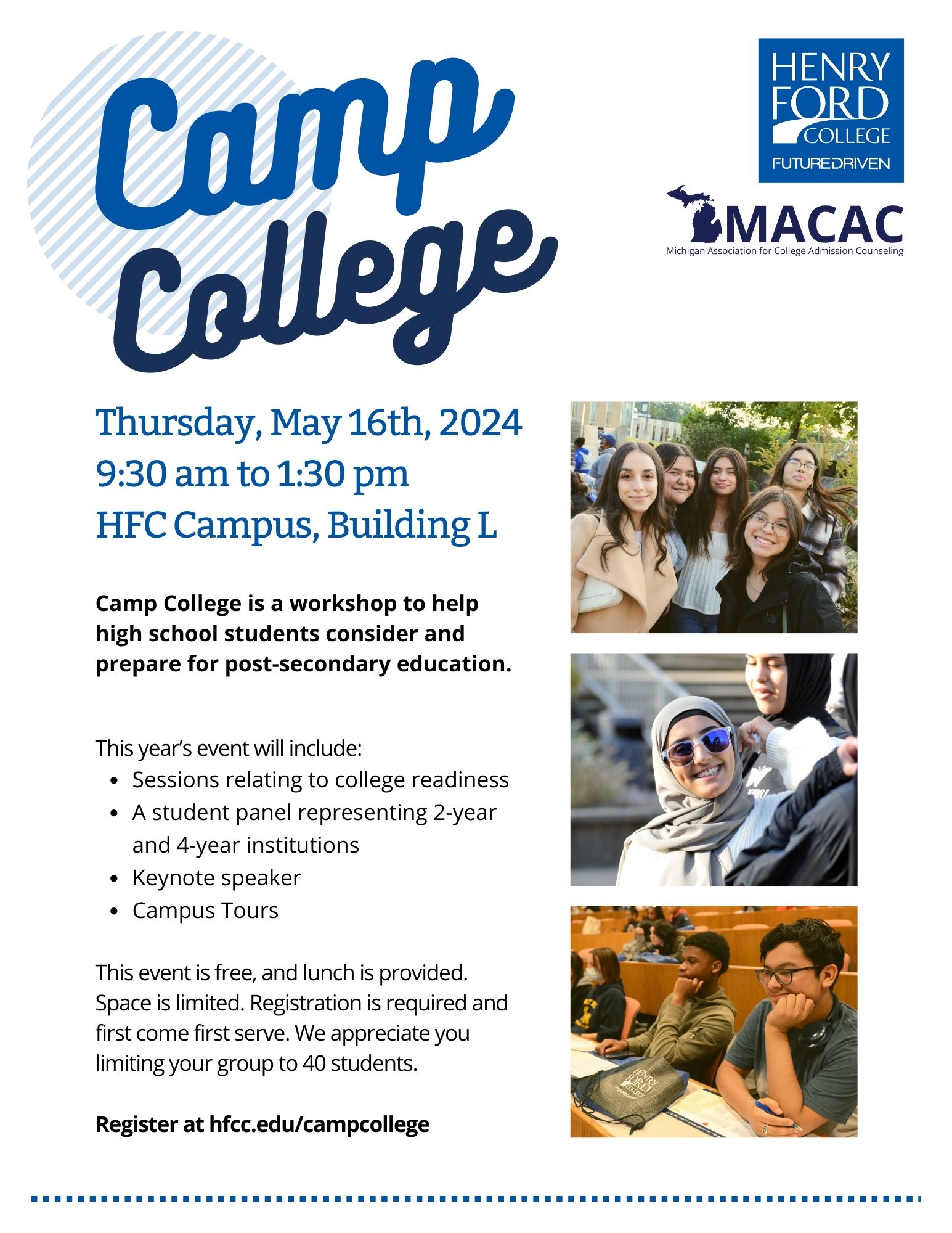 Camp College Flyer featuring three images of groups of smiling students