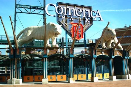 Photo of the front gate of Comerica Park