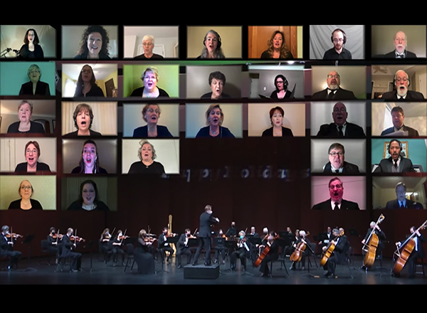 Individual people on Zoom, orchestra at the bottom