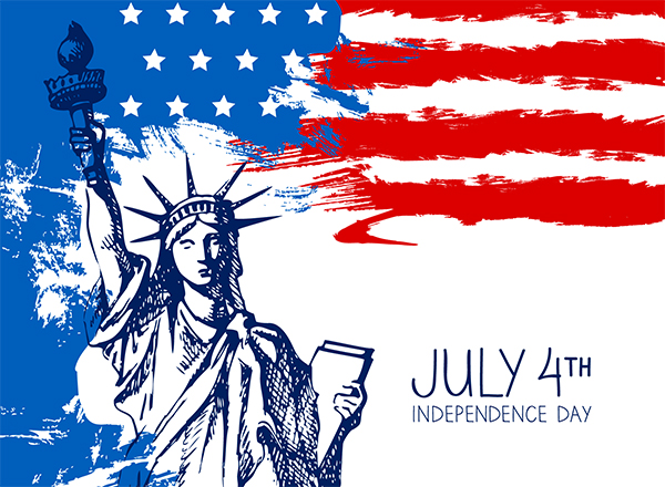 Artwork depicting American flag with Statue of Liberty overlaid; July 4th, Independence Day