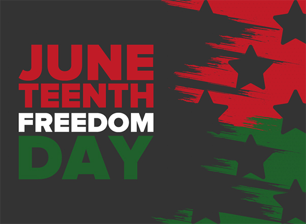 Juneteenth Freedom Day on a black field with stars and red and green accents.