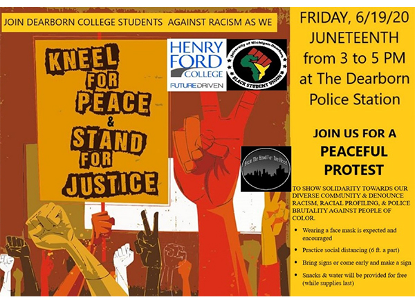 Promotion graphic for protest event. "Kneel for Peace and Stand for Justice" with details about the event (also in the text below).