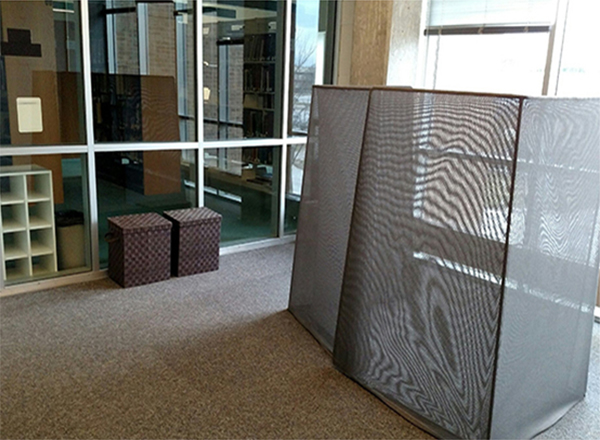 The Quiet Reflection Room in the Eshleman Library has recently been remodeled. Upgrades include new carpeting, a privacy screen, shoe carrel, and two boxes to hold personal items. 