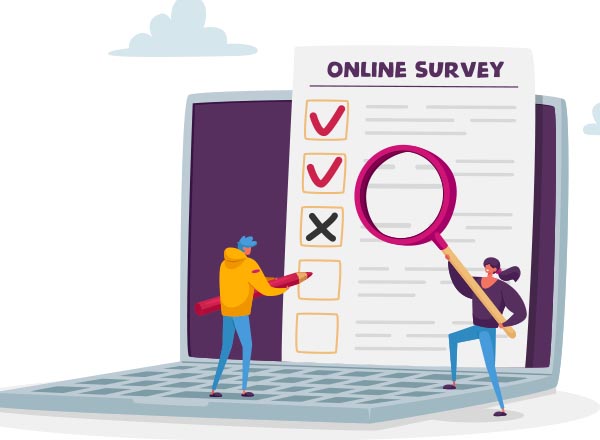 graphic of two individuals focusing on a computer and a survey
