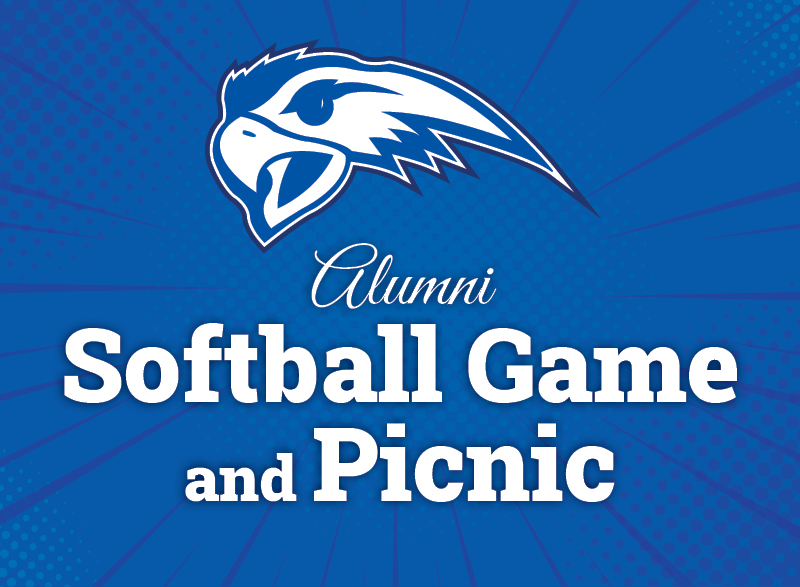 A blue graphic with the HFC Athletics Hawk logo and title that reads Alumni Softball Game and Picnic.