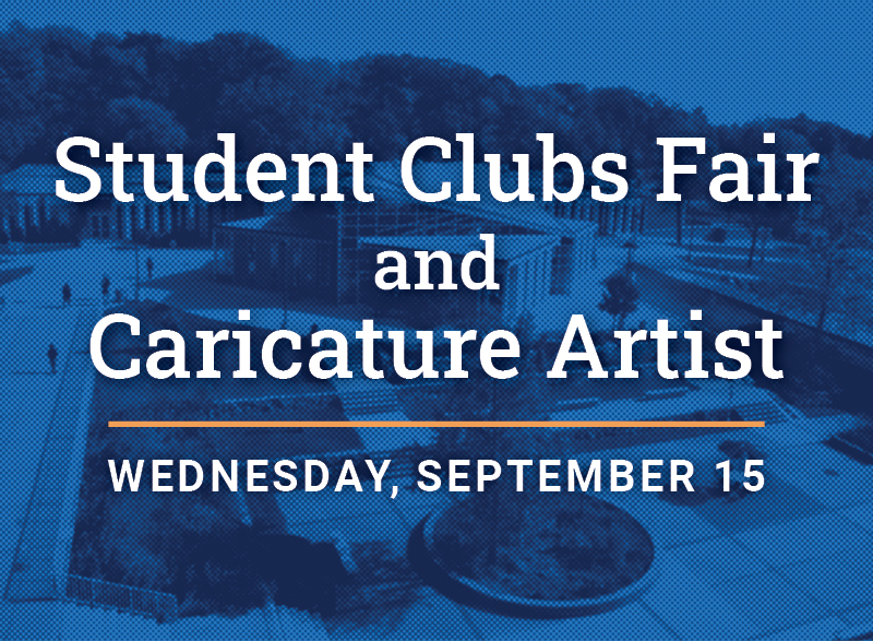 A blue graphic of HFC campus with words that read Student Clubs Fair and Caricature Artist, Wednesday, September 15.