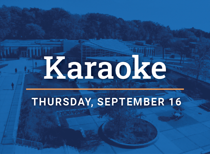 A blue graphic of HFC campus with words that read Karaoke, Thursday, September 16.