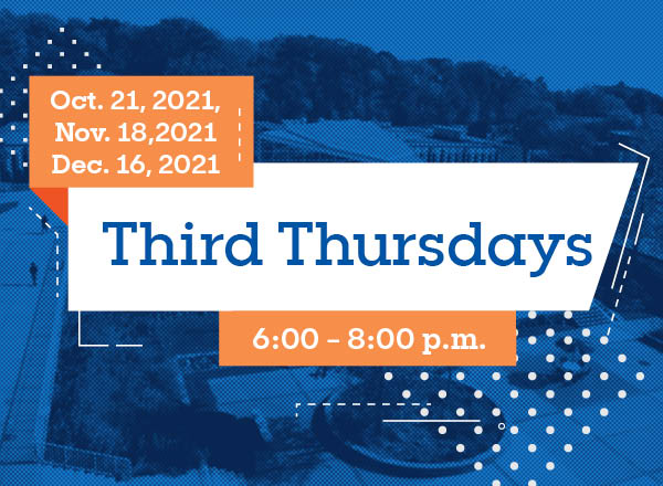 A blue and orange graphic for Third Thursdays with dates and time.