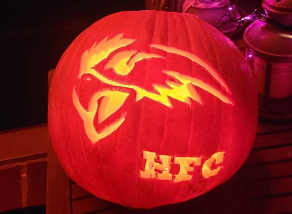 Halloween pumpkin carved with HFC Hawk