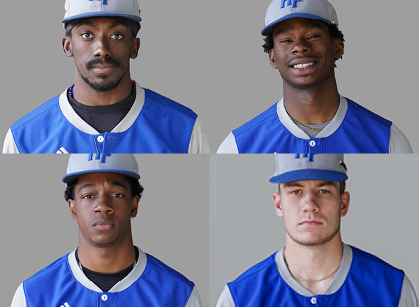 Headshots of four Hawk baseball players: Bobby Nichols, Jacoby Dale, Solomon McCants, and T.J. Potcova.