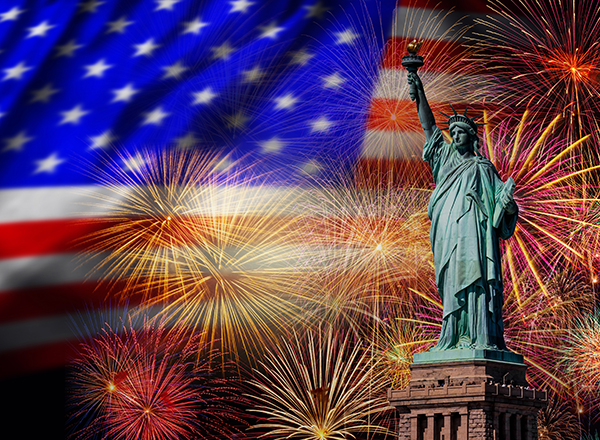 Independence Day graphic, flag, fireworks, Statue of Liberty