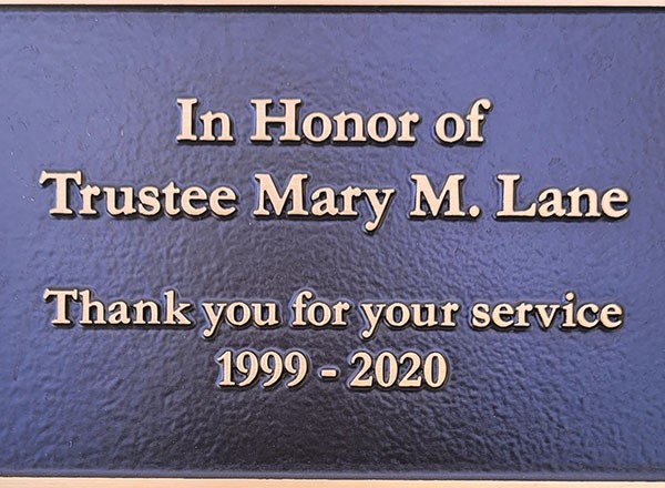 Here is a closer look at the plaque on the bench dedicated to retired HFC Trustee Mary Lane. 