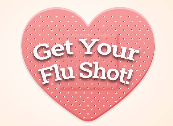 Image of heart-shaped bandage with "Get Your Flu Shot!" superimposed on it