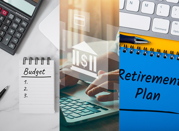 A graphic merging three images relating to budgeting, online banking, and retirement planning.