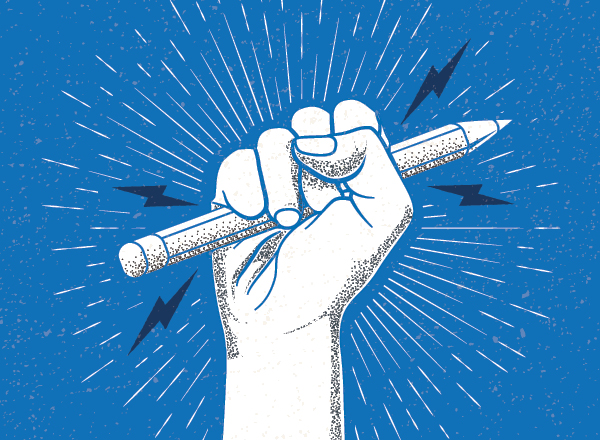 A blue and white graphic of an illustrated, energized fist holding a pencil.
