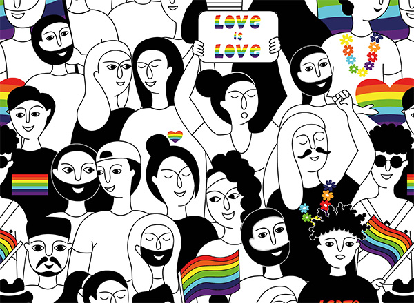 A stylized drawing of people at a rally supporting LGBTQ inclusion.