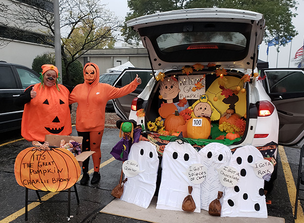 A Trunk or Treat car decorated as “It's the Great Pumpkin, Charlie Brown.”