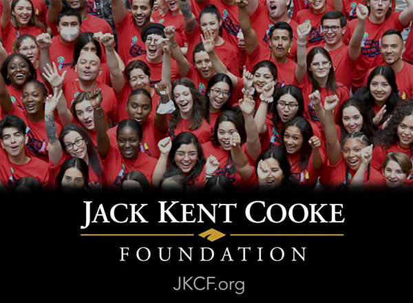 Crowd of students wearing red shirts; overlay says "Jack Kent Cooke Foundation"