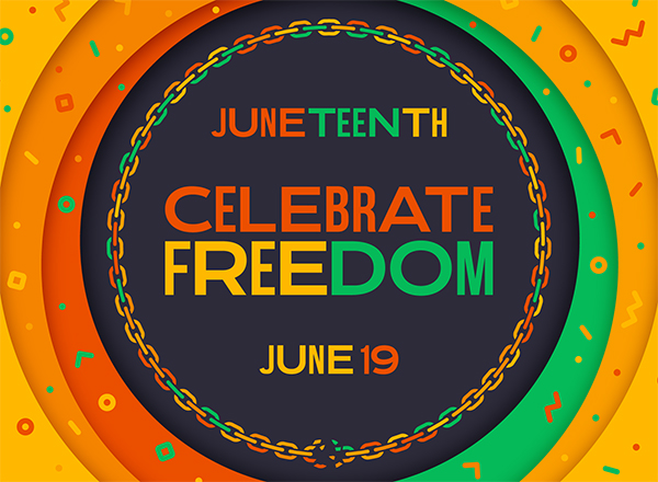 Stylized graphic with text: Juneteenth, celebrate freedom