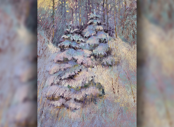 Nancy Knapp's painting of two evergreen trees in the winter. 