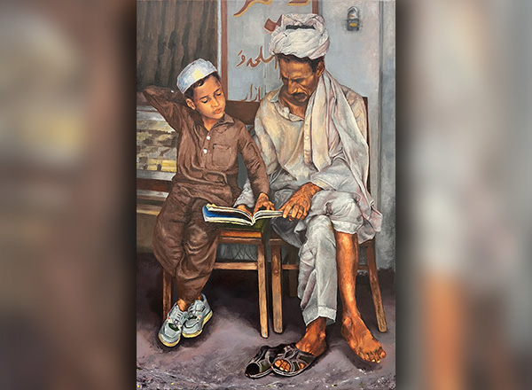 Image of Malak Cherri's painting "Education" (Arabic man teaches son how to read)