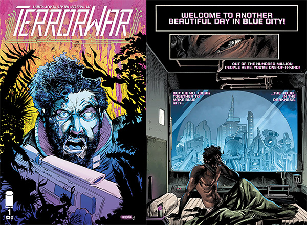 The cover of the first issue of "TerrorWar" and interior artwork, both illustrated by Dave Acosta.