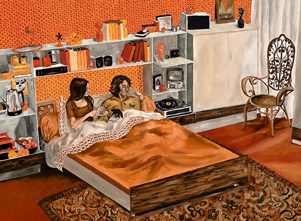 Painting of two people in a bedroom by Paige Deon.