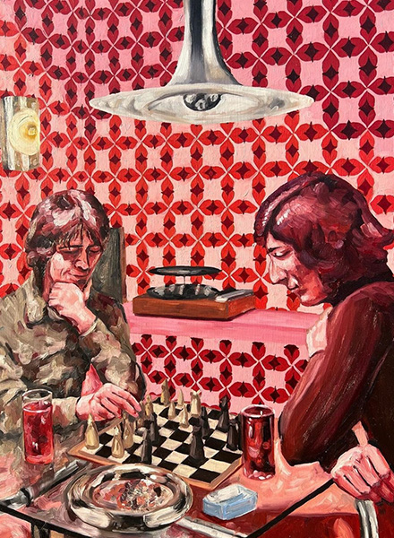 Painting of two people playing chess by Paige Deon.