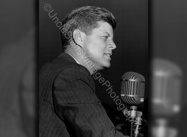 President John F. Kennedy giving a speech. Photo by Stan Rosol. 