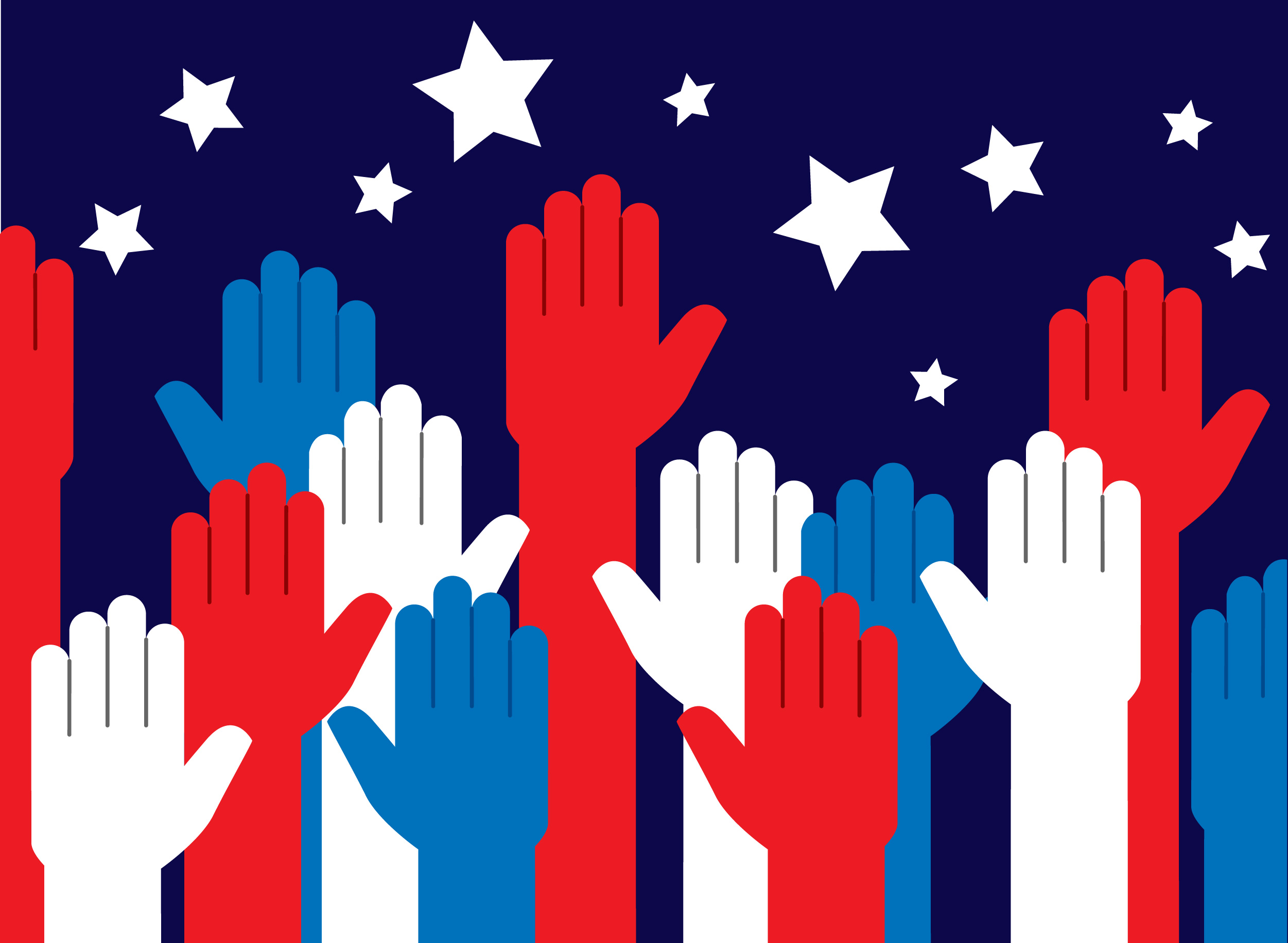 Graphic of red, white, and blue hands raised with stars above the hands.